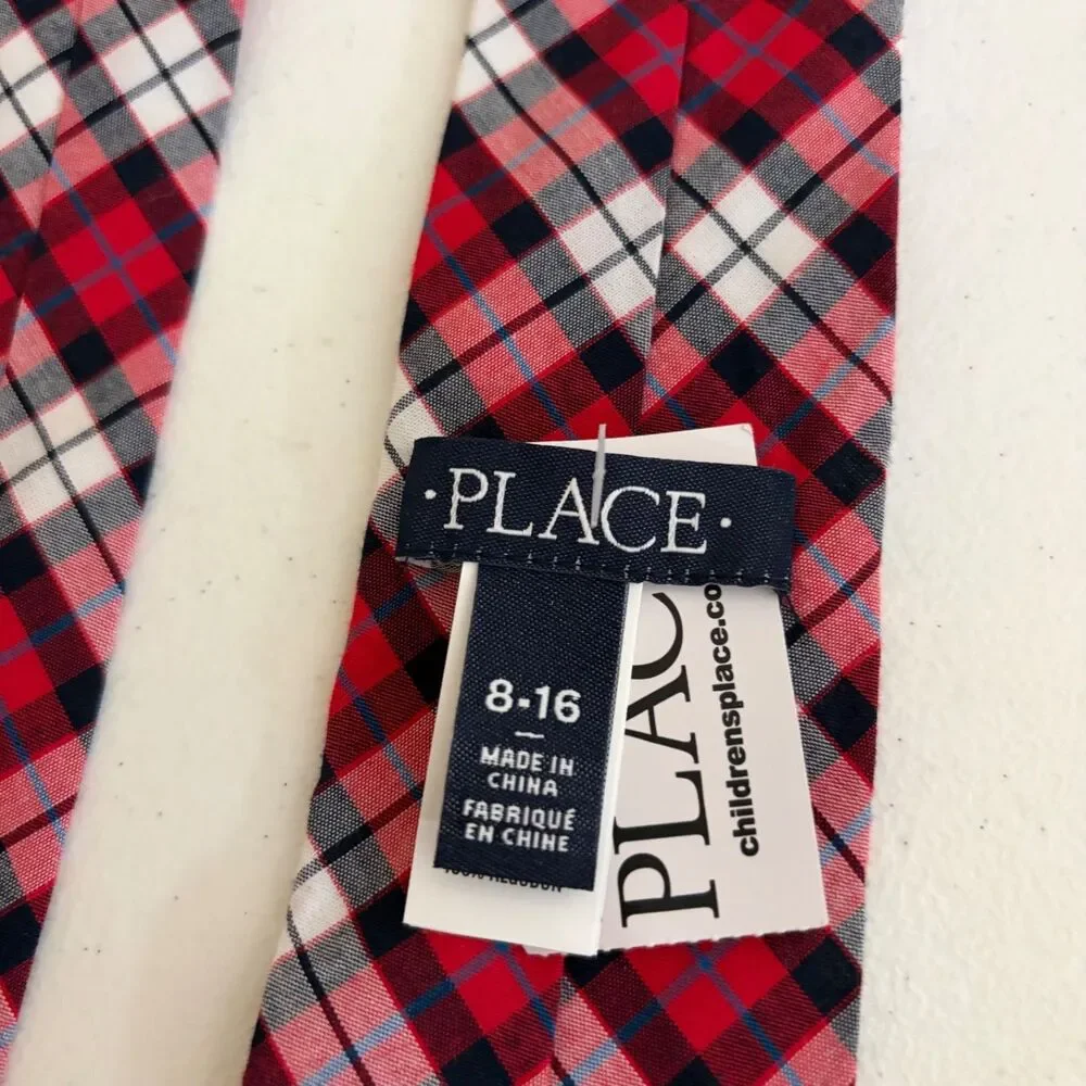 The Children's Place Neck Tie Boy's 8-16 Red Black Plaid Checkered NWT
